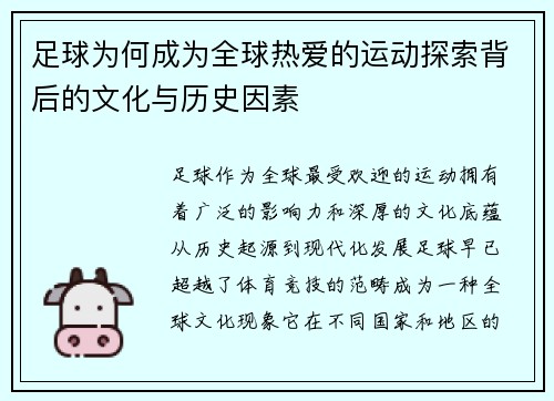 足球为何成为全球热爱的运动探索背后的文化与历史因素
